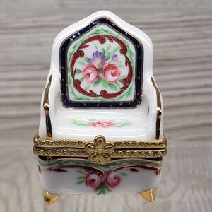 Limoges France Armchair Trinket Box White Floral Porcelain Hinged Miniature Vtg